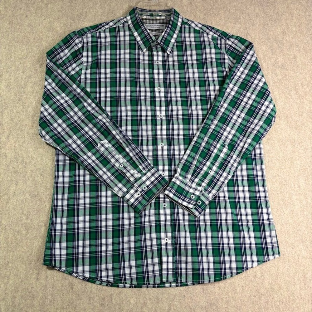 Nick Graham Button Down Shirt Men XL Green Plaid Cotton Blend Modern Fit Classic